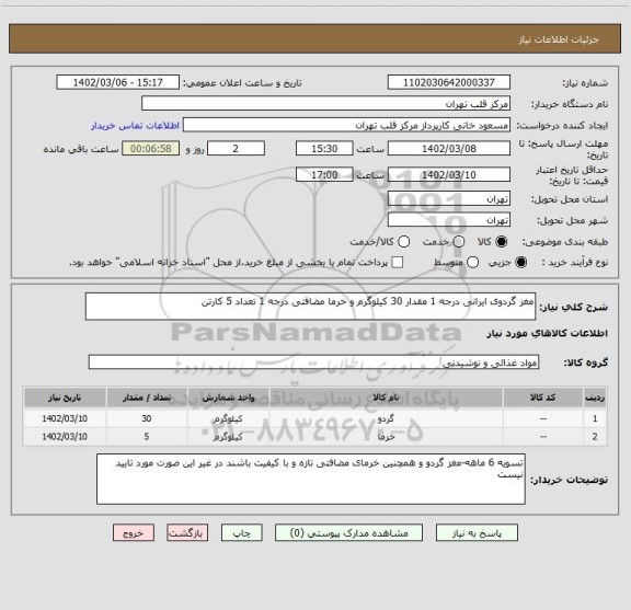 استعلام مغز گردوی ایرانی درجه 1 مقدار 30 کیلوگرم و خرما مضافتی درجه 1 تعداد 5 کارتن