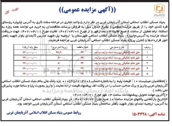 مزایده فروش واحد تجاری در مرحله سفت کاری