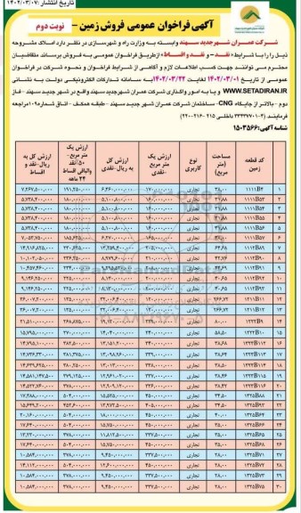 فراخوان فروش زمین   نوبت دوم