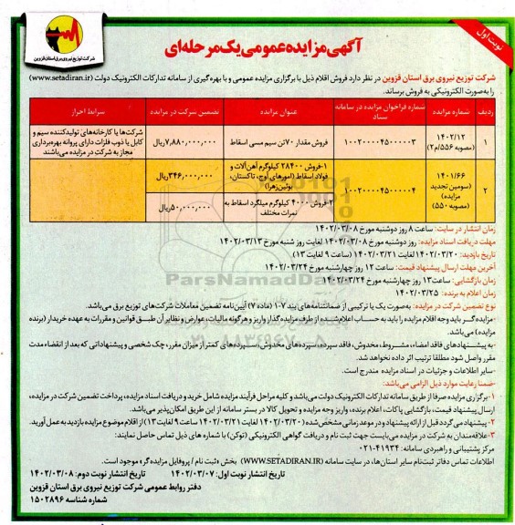 مزایده فروش مقدار 70 تن سیم مسی اسقاط.....