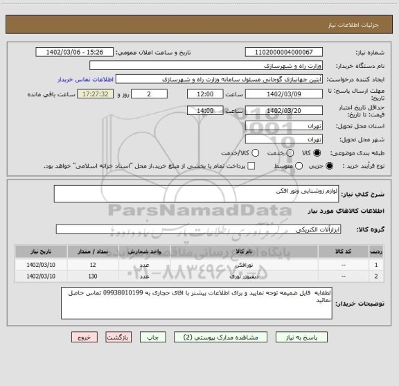 استعلام لوازم زوشنایی ونور افکن