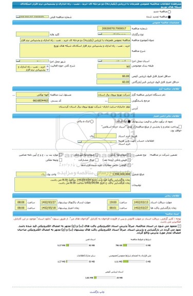 مناقصه، مناقصه عمومی همزمان با ارزیابی (یکپارچه) دو مرحله ای خرید ، نصب ، راه اندازی و پشتیبانی نرم افزار اسکادای شبکه های توزیع