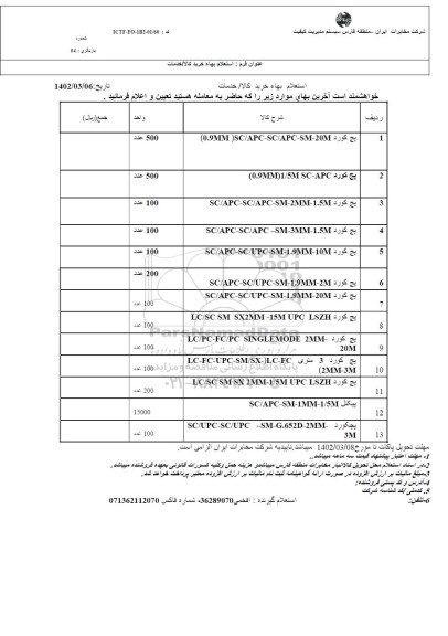 استعلام پچ کورد 0.9MM SC/APC-SC/APC-SM-20M....