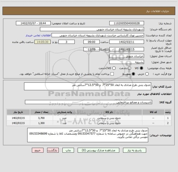 استعلام جدول بتنی طرح مدادی به ابعاد 50*25*7  و 50*12.5*7سانتی متر