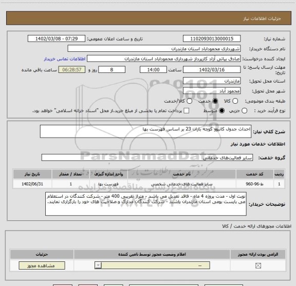 استعلام احداث جدول کانیوو کوچه باران 23 بر اساس فهرست بها