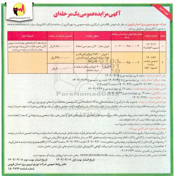 مزایده فروش مقدار 70 تن سیم مسی اسقاط.....