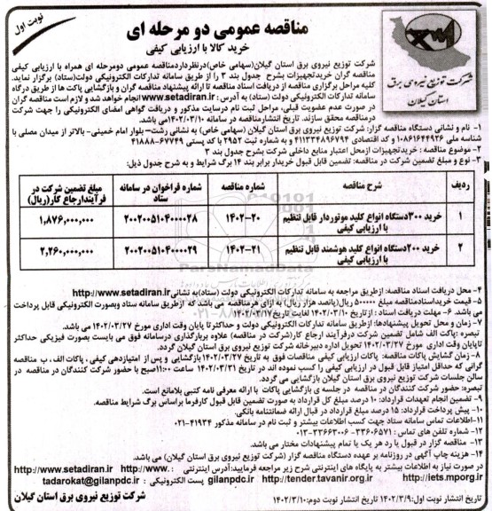 مناقصه خرید 300 دستگاه انواع کلید موتوردار قابل تنظیم ...