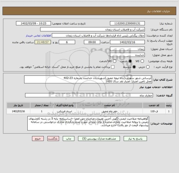 استعلام آبرسانی شهر سهرورد(چاه نیمه عمیق)شهرستان خدابنده بشماره 23-402
محل تامین اعتبار: اعتبار نقد سال 1401