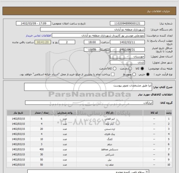 استعلام ابزا طبق مشخصات تصویر پیوست