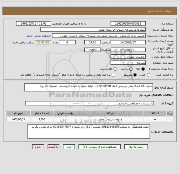 استعلام جدول کله قندی بتنی وپرسی ابعاد 50*35*17.5 -کرایه حمل به عهده فروشنده - تسویه 20 روزه