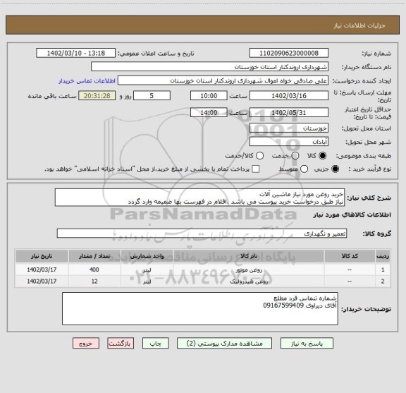 استعلام خرید روغن مورد نیاز ماشین آلات
نیاز طبق درخواست خرید پیوست می باشد .اقلام در فهرست بها ضمیمه وارد گردد