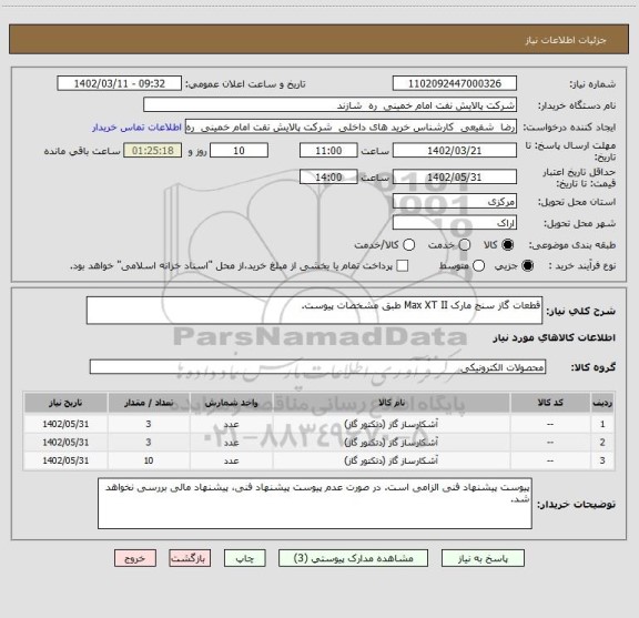 استعلام قطعات گاز سنج مارک Max XT II طبق مشخصات پیوست.