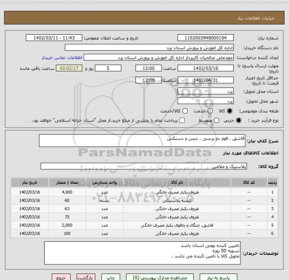 استعلام قاشق ، فوم دو پرسی ، دیس و دستکش