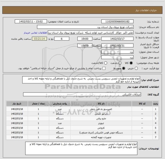 استعلام انواع لوازم و تجهیزات ایمنی سرویس پست زمینی  به شرح جدول ذیل با هماهنگی و ارایه نمونه کالا و اخذ تاییدیه از اداره خط گرم