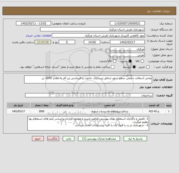 استعلام پخش آسفالت دستی سطح شهر شامل زیرسازی ،جاروب و قیرپاشی زیر کار به مقدار 2000 تن