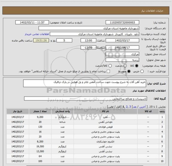 استعلام خرید آهن آلات به شرح پیوست جهت ساخت آمفی تئاتر و پل هوایی در پارک ترافیک