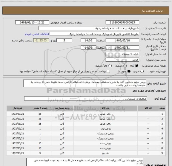 استعلام روغن موتور ماشین آلات به شرح استعلام پیوست  پرکردن استعلام الزامی است هزینه حمل تا بیدخت به عهده فروشنده می باشد.