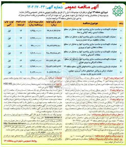 مناقصه عملیات نگهداشت و مناسب سازی پیاده رو، انهار و جداول و...