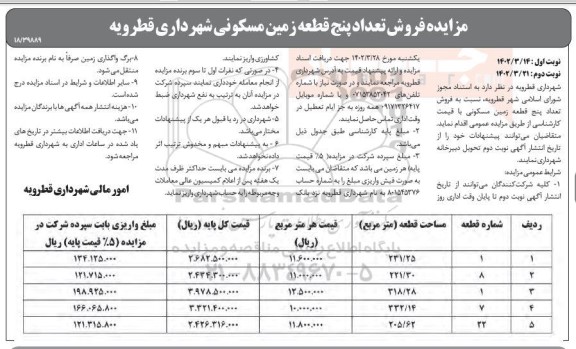 مزایده فروش تعداد پنج قطعه زمین مسکونی شهرداری 