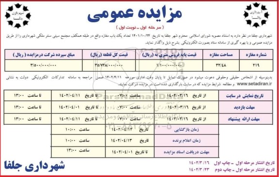 مزایده تعداد یک باب مغازه 