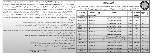 مزایده فروش 13 قطعه زمین مسکونی و تجاری مسکونی