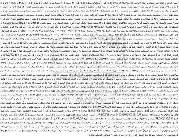 آگهی مزایده  6 سهم از 6 سهم پلاک اصلی : 5 پلاک فرعی : 18429 مفروز و مجزی از فرعی: 3761 