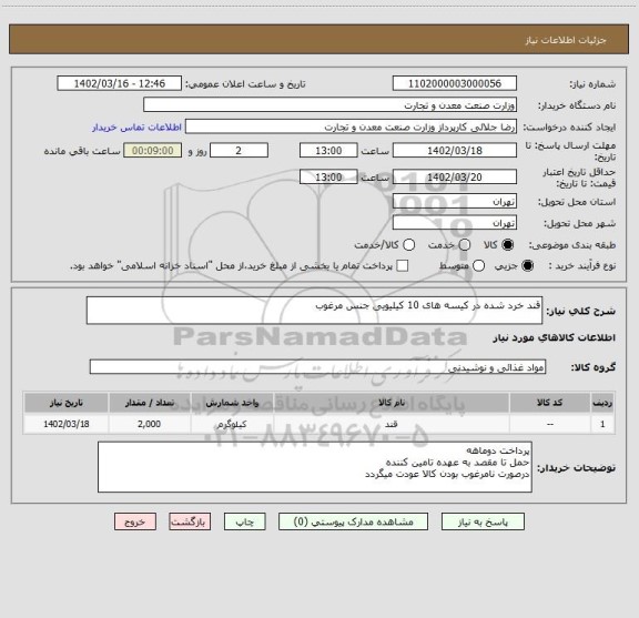 استعلام قند خرد شده در کیسه های 10 کیلیویی جنس مرغوب