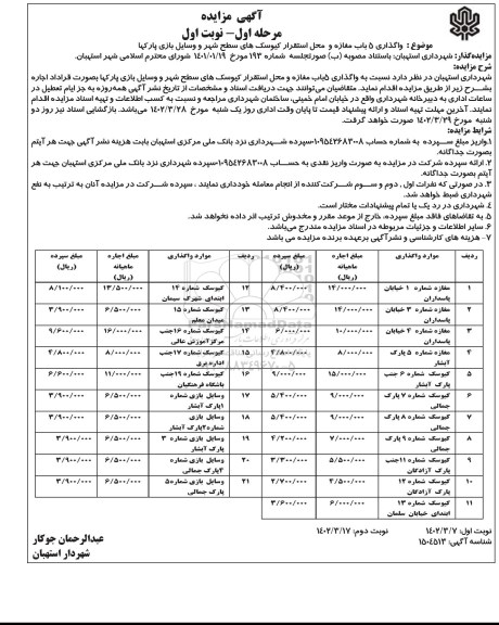 مزایده واگذاری 5 باب مغازه و محل استقرار کیوسک های سطح شهر و وسایل بازی پارکها ـ نوبت دوم