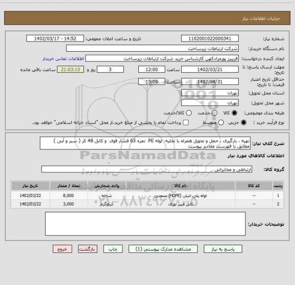 استعلام تهیه ، بارگیری ، حمل و تحویل همراه با تخلیه  لوله PE  نمره 63 فشار قوی  و کابل 48 کر ( سبز و آبی )   مطابق با فهرست مقادیر پیوست