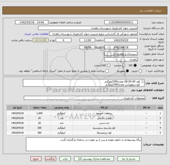 استعلام کود 20-20-20 مقدار300کیلوگرم  
کودسولوپتاس مقدار300کیلوگرم
سولفات آمونیوم 1000کیلوگرم
قیچی دسته کوتاه 20عدد
اره سامورایی(تربر)مقدار 20عدد