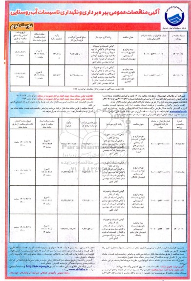 آگهی مناقصات عمومی بهره برداری و نگهداری تاسیسات آب روستایی- نوبت دوم