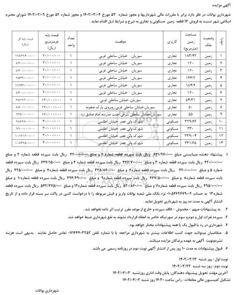 مزایده فروش 13 قطعه زمین مسکونی و تجاری مسکونی- نوبت دوم