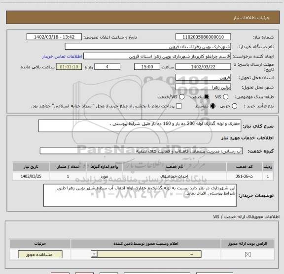 استعلام حفاری و لوله گذاری لوله 200 ده بار و 160 ده بار طبق شرایط پیوستی .