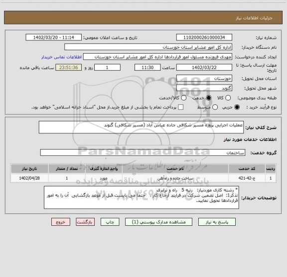 استعلام عملیات اجرایی پروژه مسیر شکافی جاده عباس آباد (مسیر شکافی) گتوند