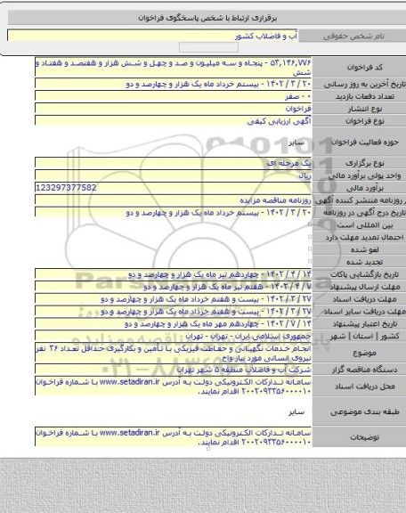 مناقصه, انجام خدمات نگهبانی و حفاظت فیزیکی با تأمین و بکارگیری حداقل تعداد ۳۶ نفر نیروی انسانی مورد نیاز واح