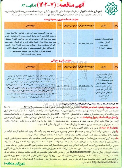 مناقصه نگهداشت مرکز تحقیقات ، آموزش و مشاوره فضای سبز ....