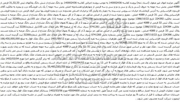 مزایده دو دانگ مشاع از شش دانگ پلاکهای ثبتی 31,32,33 فرعی از 4089-اصلی