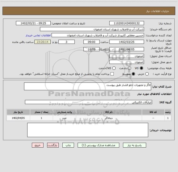 استعلام لاگر و تجهیزات تابلو فشار طبق پیوست