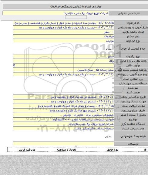 مزایده, فروش سیم مسی اسقاط  به مقدار ۳۰۰۰۰کیلو گرم