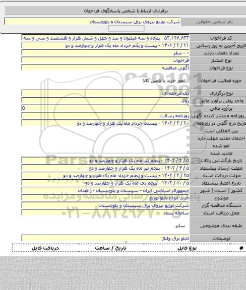 مناقصه, خرید انواع تابلو توزیع