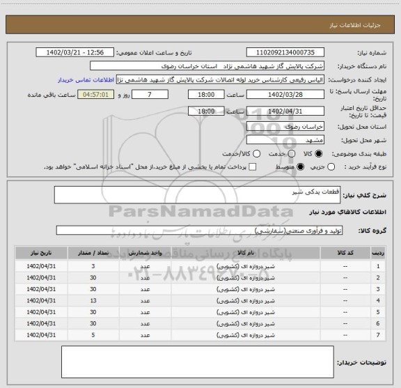 استعلام قطعات یدکی شیر