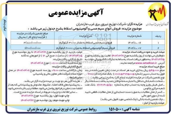 مزایده فروش سیم مسی اسقاط به مقدار 30000 کیلوگرم و ... - نوبت دوم