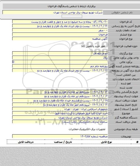 مناقصه, خرید انواع کلید فیوز معمولی و گردان بدون فیوز