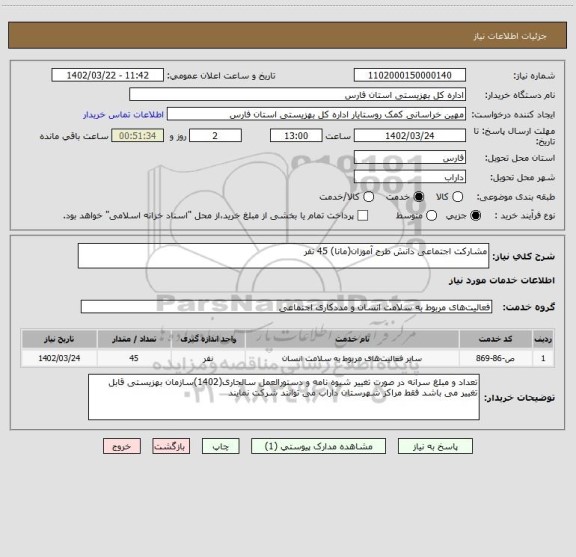 استعلام مشارکت اجتماعی دانش طرح آموزان(مانا) 45 نفر