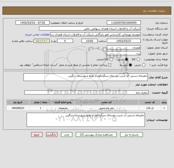 استعلام حفرچاه دستی آب شرب روستای سنگرانکوه از توابع شهرستان درگزین