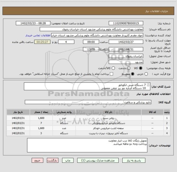 استعلام 7 دستگاه مینی انکوباتور
10 دستگاه اندازه دور ریز ذوغن معمولی
1600 عدد سواپ تست سطوح
3 دستگاه تست نیترات