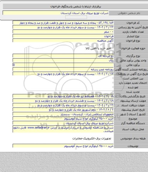 مناقصه, خرید ۴۵۰۰۰ کیلوگرم انواع سیم آلومینیوم