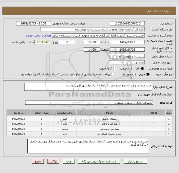 استعلام خرید صندلی و میز تاشو و غیره جهت کتابخانه سیار ایرانشهر طبق پیوست