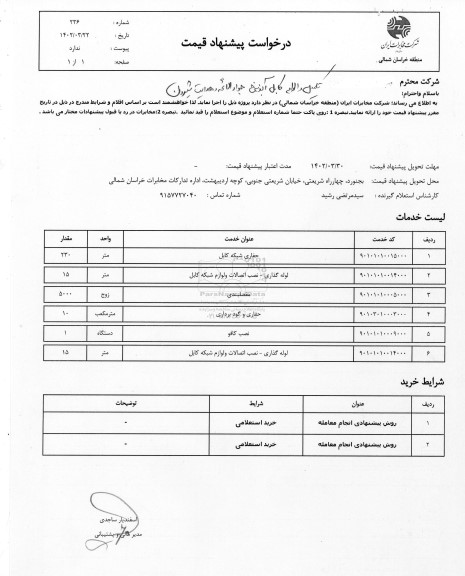 استعلام حفاری شبکه کابل  و...