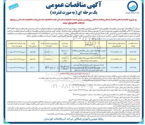 مناقصات اجرای شبکه فاضلاب بخش شرقی منطقه تعاونی پنجگانه و... نوبت دوم 